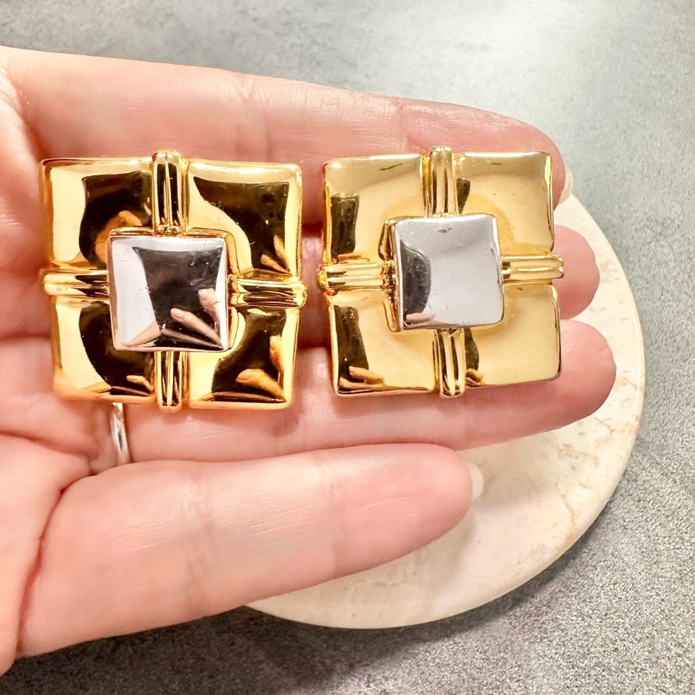 Vintage Two Tone Gold And Silver Square Clip-on Statement Earrings